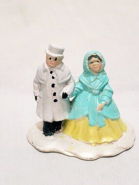 Christmas Village Couple Man Woman Walking Ceramic Figurine 3" Hand Painted